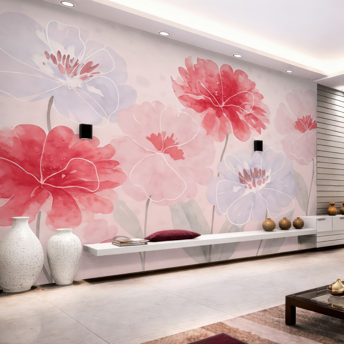 Fototapeta Różowe oraz fioletowe kwiaty w farbach wodnych.