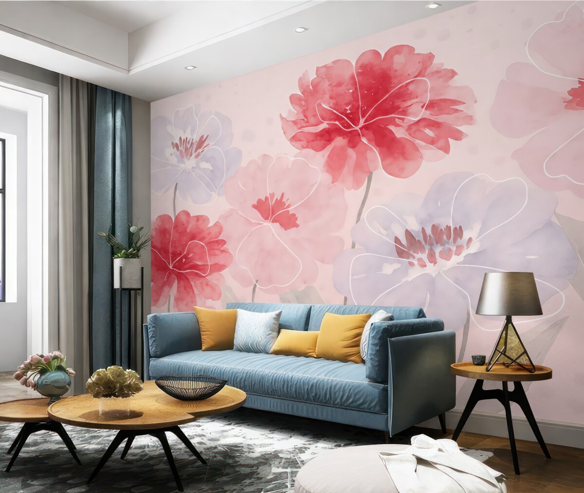 Fototapeta Różowe oraz fioletowe kwiaty w farbach wodnych.