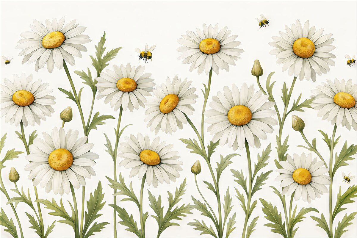 Fototapeta Kwitnące białe stokrotki, pszczoły fruwające nad akwarelowymi roślinami, barwy zielona, biała, żółta.