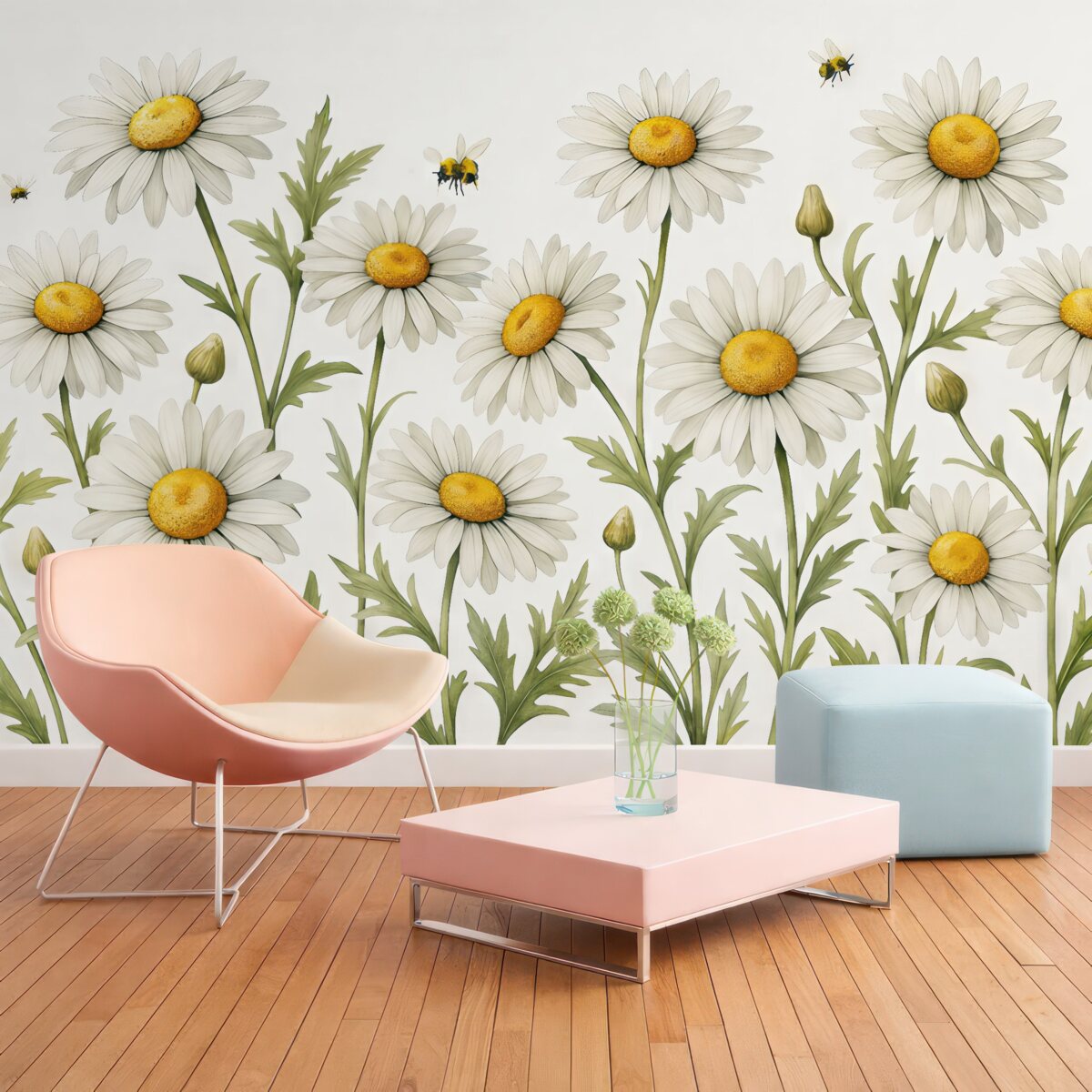 Fototapeta Kwitnące białe stokrotki, pszczoły fruwające nad akwarelowymi roślinami, barwy zielona, biała, żółta.