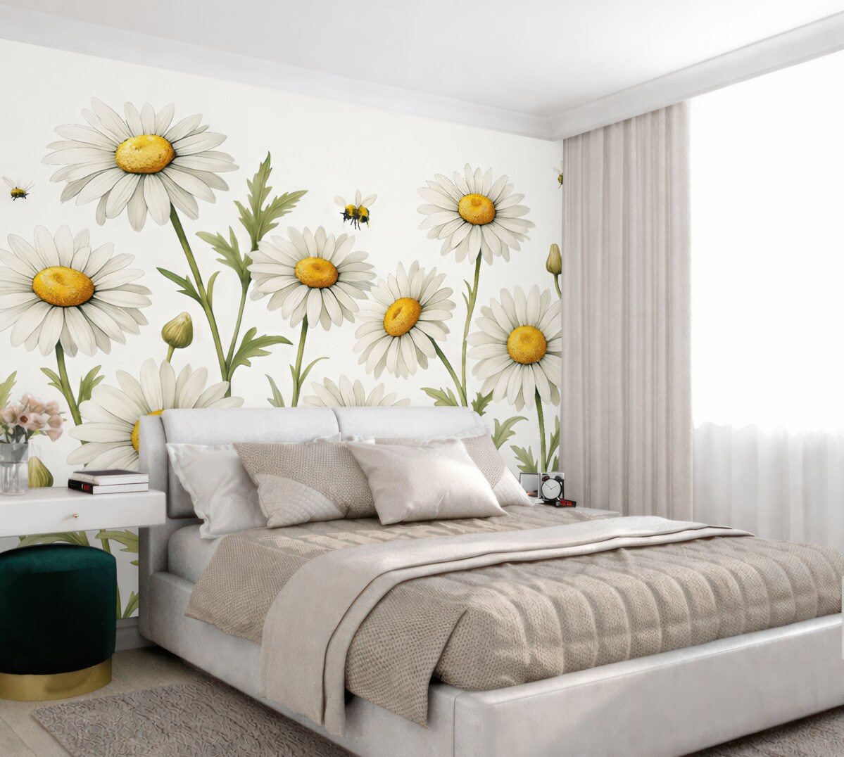 Fototapeta Kwitnące białe stokrotki, pszczoły fruwające nad akwarelowymi roślinami, barwy zielona, biała, żółta.