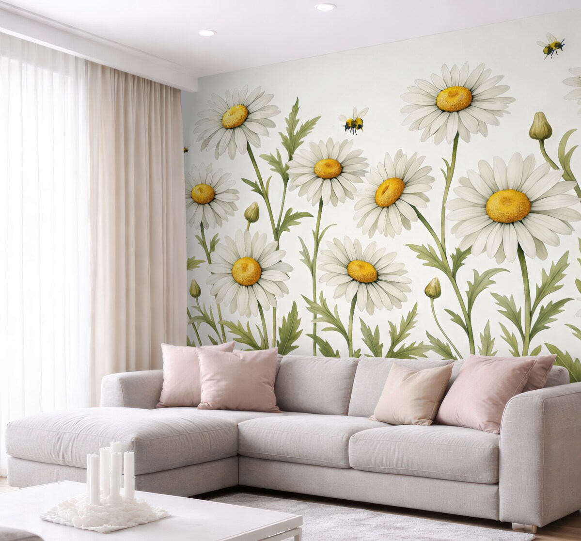 Fototapeta Kwitnące białe stokrotki, pszczoły fruwające nad akwarelowymi roślinami, barwy zielona, biała, żółta.