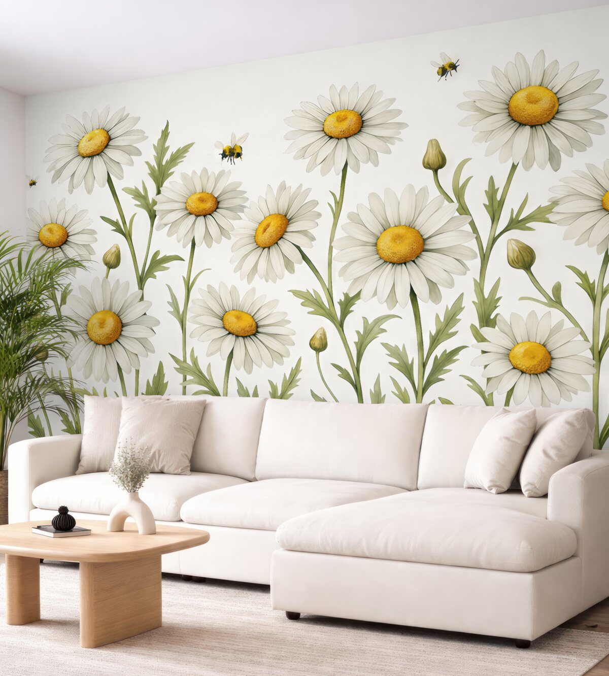 Fototapeta Kwitnące białe stokrotki, pszczoły fruwające nad akwarelowymi roślinami, barwy zielona, biała, żółta.