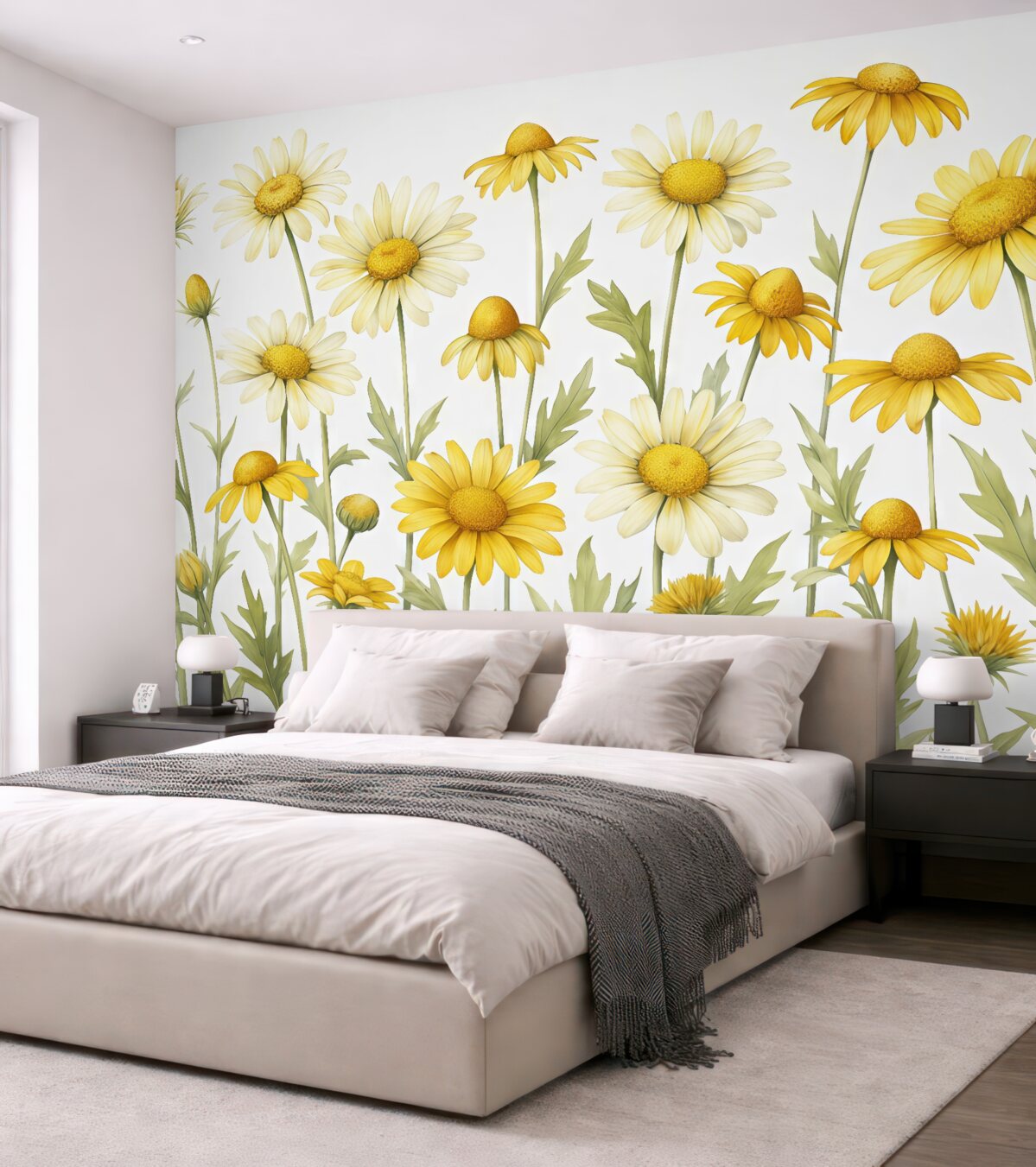 Fototapeta Wielkie żółte stokrotki rozkwitają w akwareli, odcieniach żółtego i zielonego.