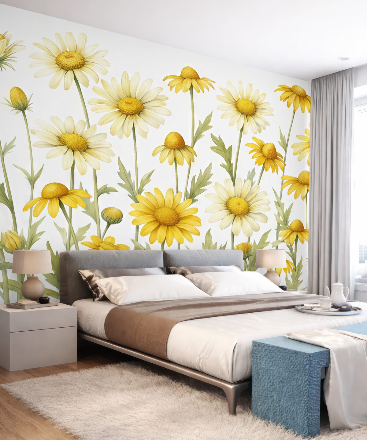 Fototapeta Wielkie żółte stokrotki rozkwitają w akwareli, odcieniach żółtego i zielonego.