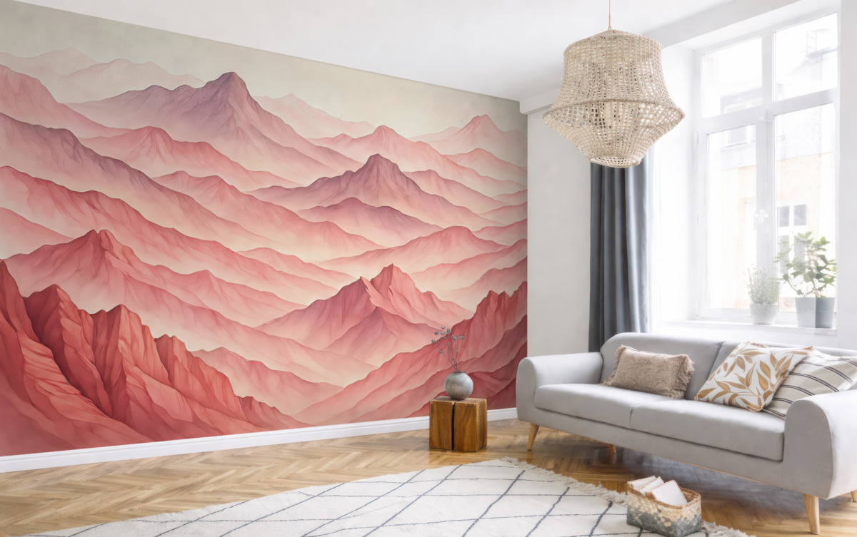 Fototapeta Ilustracja akwareli górskich grzbietów, odcienie różu i fiolety.