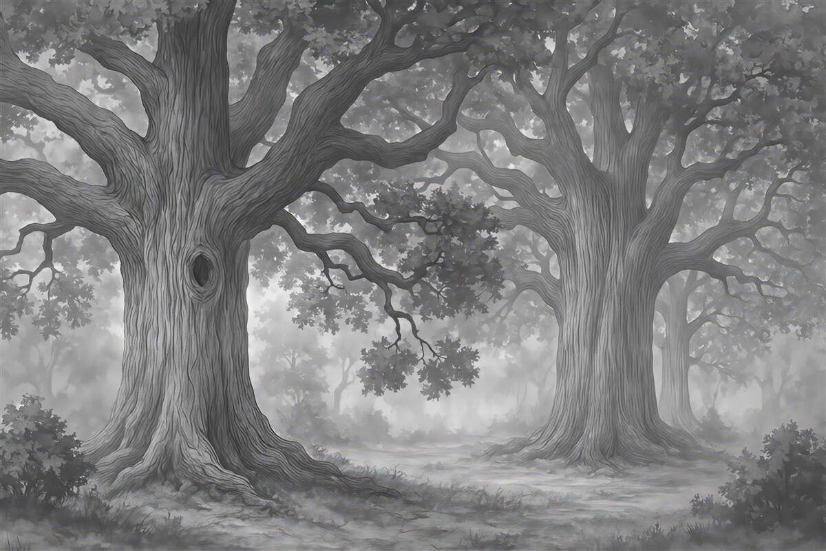 Fototapeta Wielkie drzewa w cichym pejzażu.