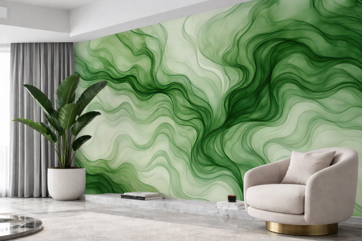 Fototapeta Zielone abstrakcyjne fale na jasnym tle.