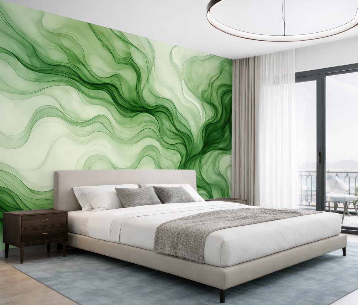 Fototapeta Zielone abstrakcyjne fale na jasnym tle.