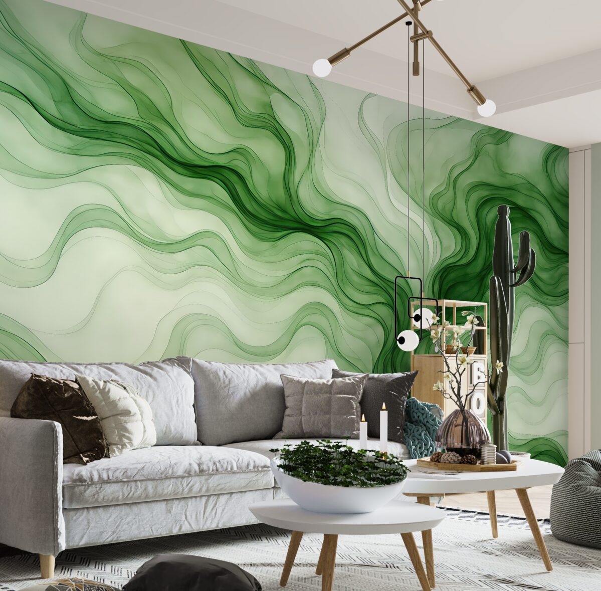 Fototapeta Zielone abstrakcyjne fale na jasnym tle.