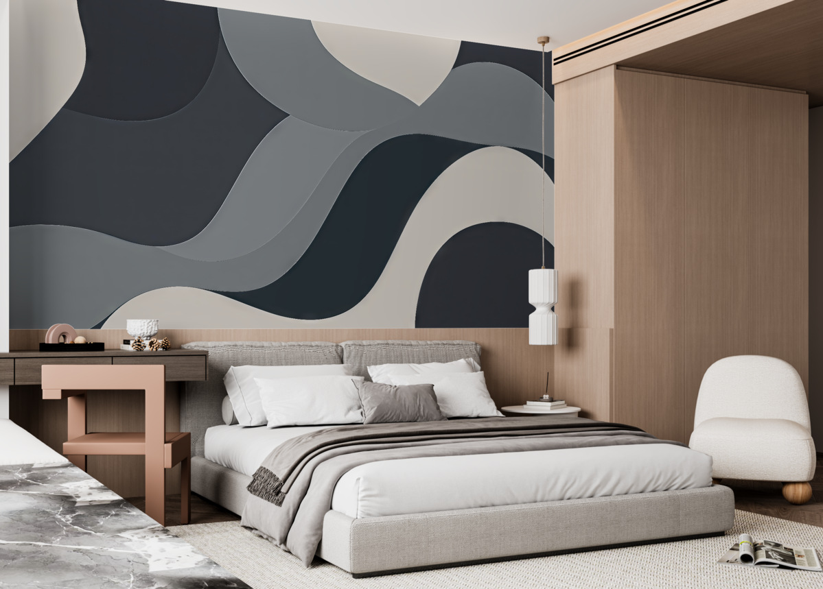 Fototapeta Wsp współczesne, minimalistyczne kręgi i fale w ciemnych tonacjach.