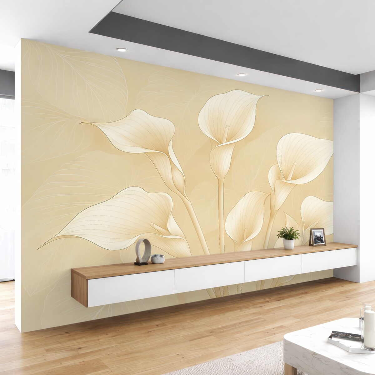 Fototapeta Kwiaty kalii narysowane na jasnobrązowym tle.