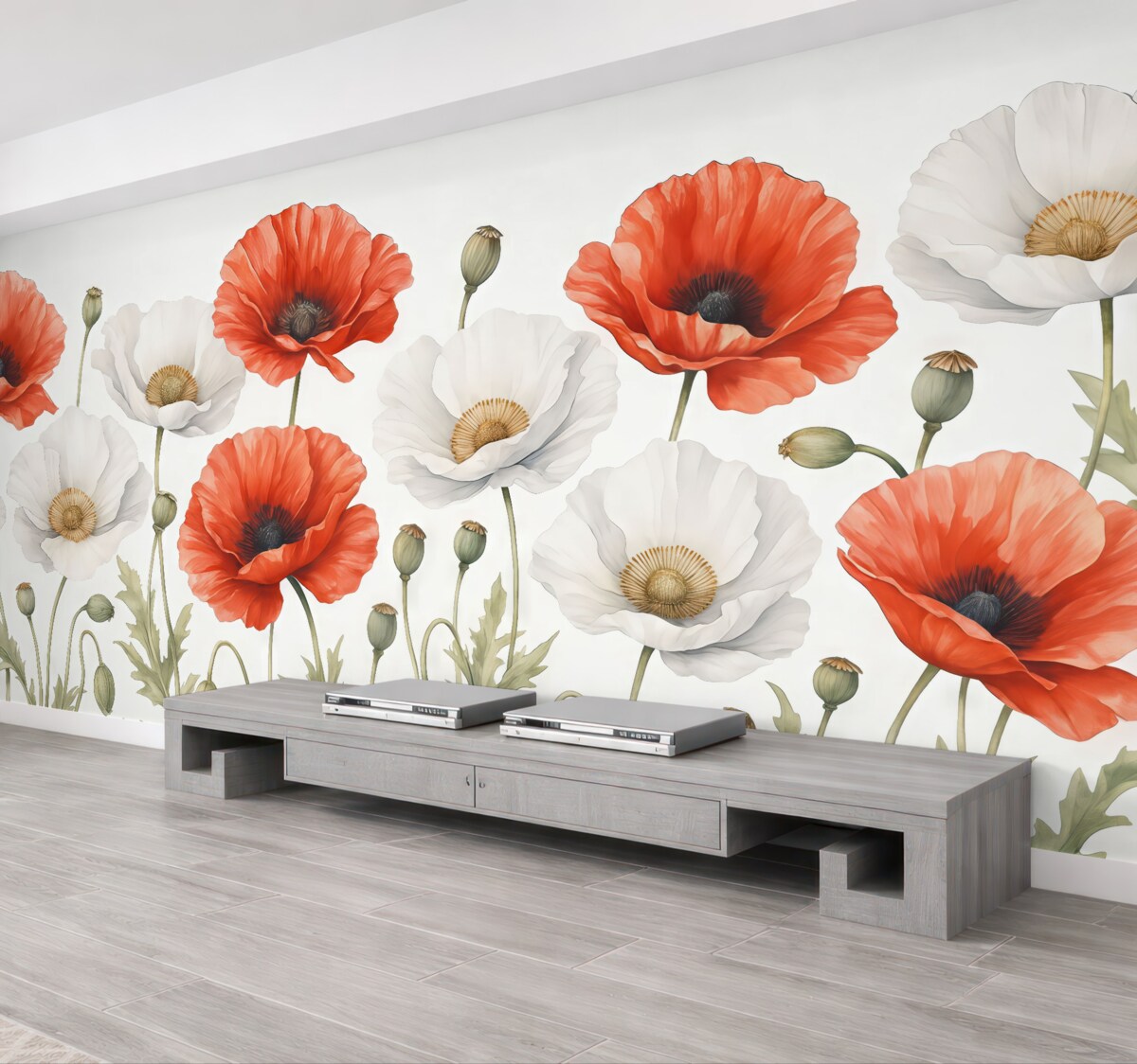 Fototapeta Akwarela czerwone i białe kwiaty maku.