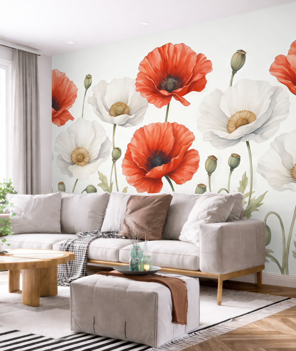 Fototapeta Akwarela czerwone i białe kwiaty maku.