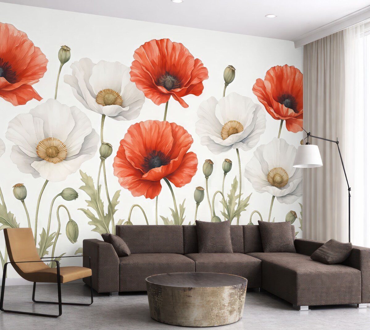 Fototapeta Akwarela czerwone i białe kwiaty maku.