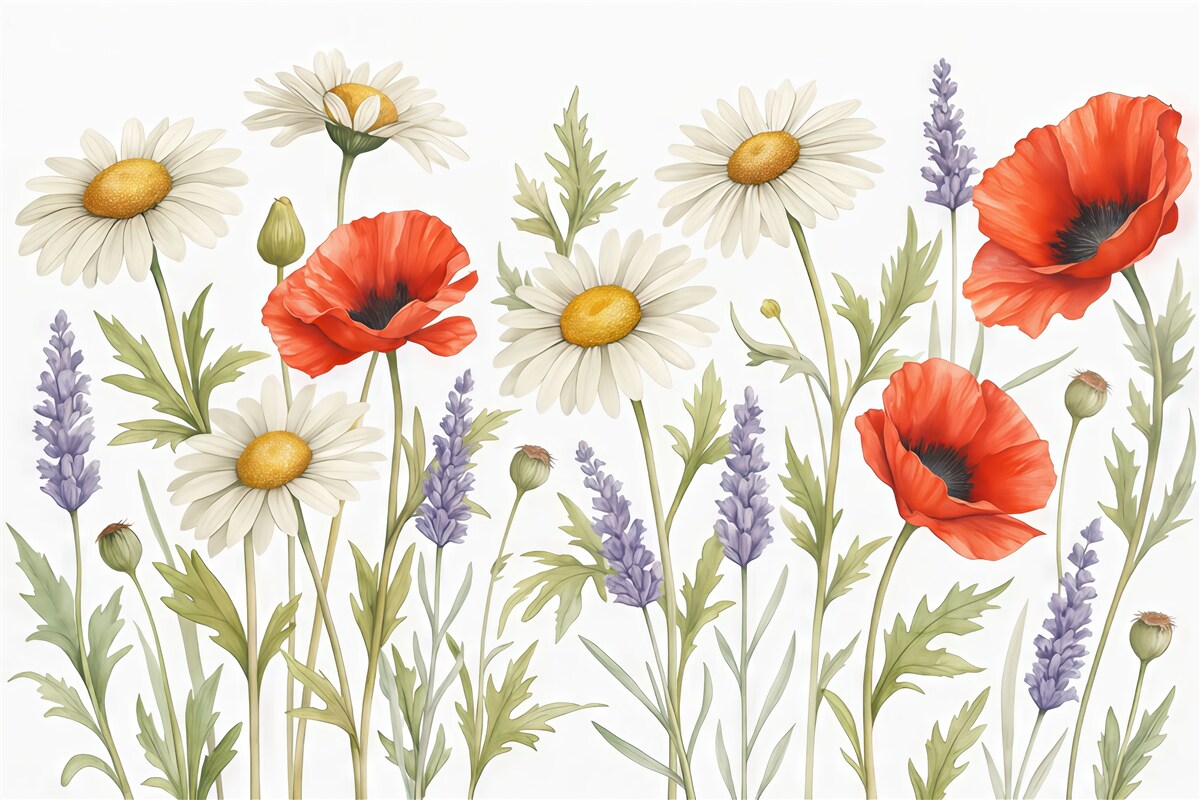 Fototapeta Białe stokrotki, czerwone maki oraz lawendowa farba akwarelowa.