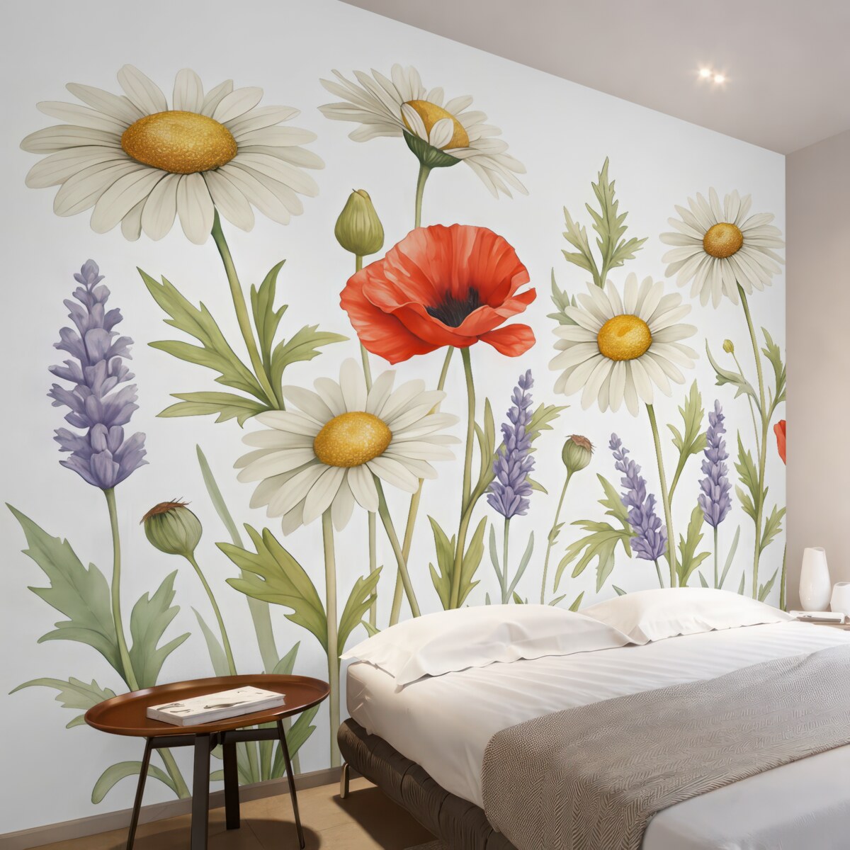 Fototapeta Białe stokrotki, czerwone maki oraz lawendowa farba akwarelowa.