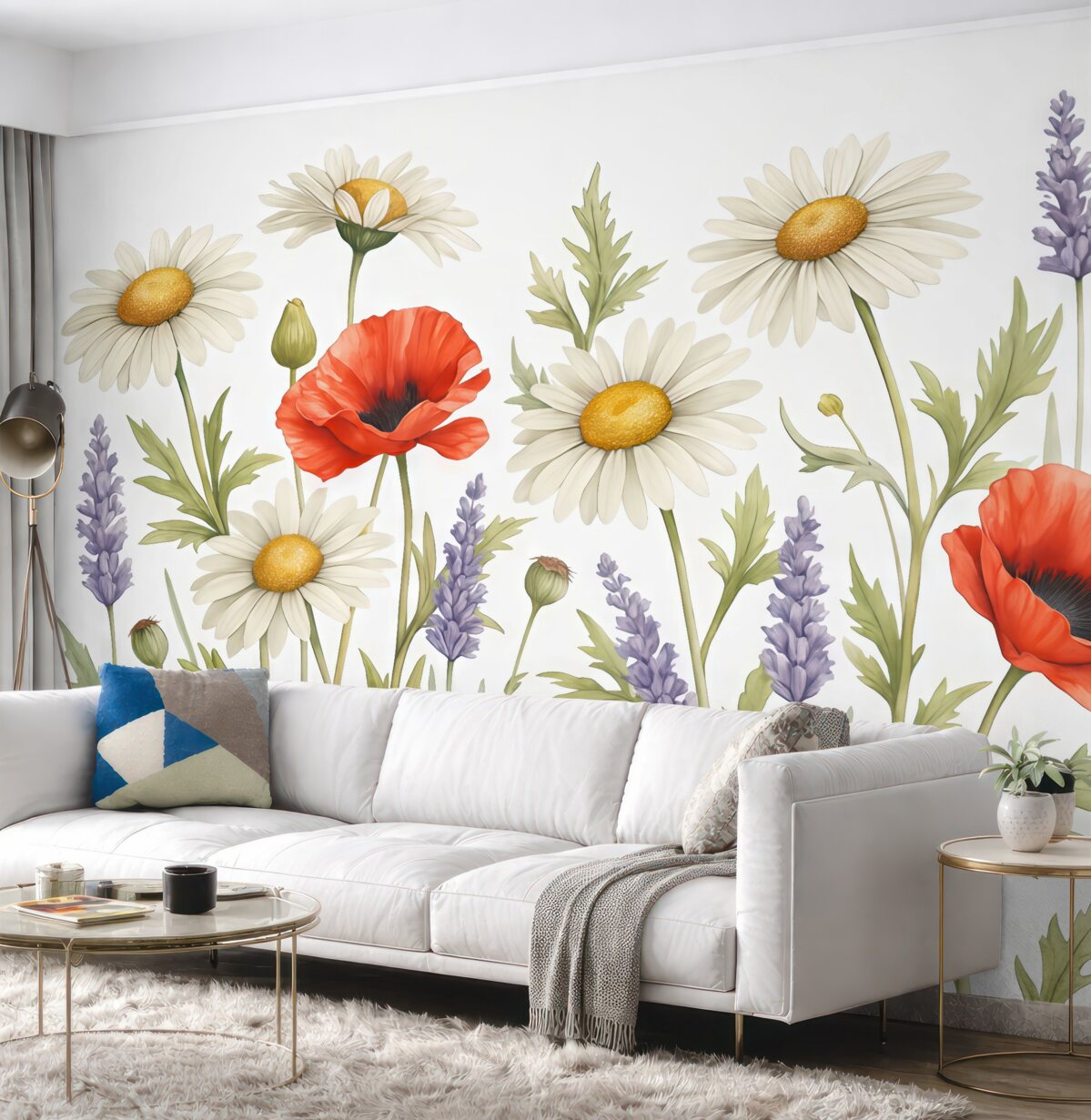 Fototapeta Białe stokrotki, czerwone maki oraz lawendowa farba akwarelowa.