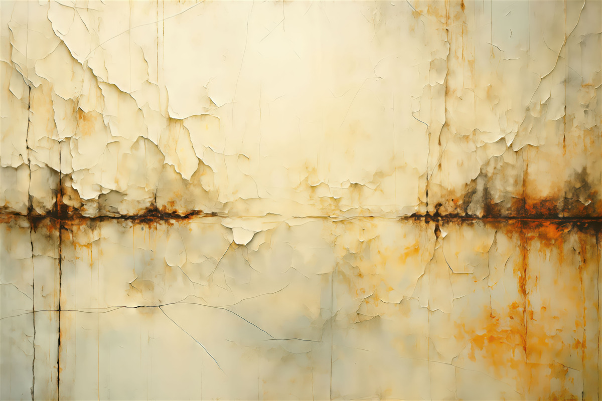 Fototapeta Zarysowania i pęknięcia w farbie na ścianie, odcień niebieskawy, beżowy.