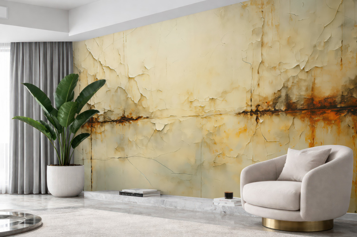 Fototapeta Zarysowania i pęknięcia w farbie na ścianie, odcień niebieskawy, beżowy.