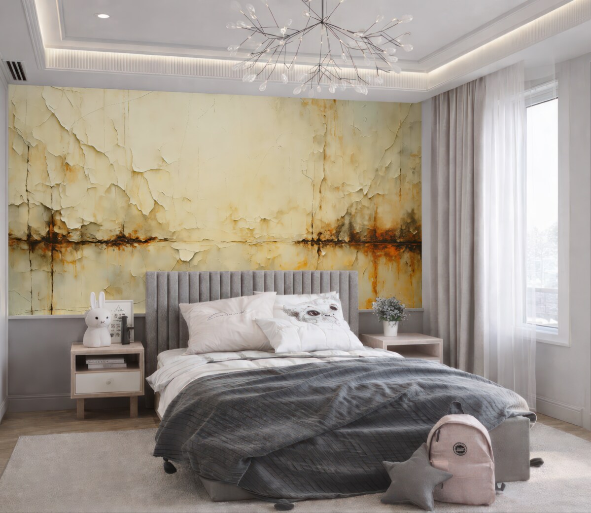 Fototapeta Zarysowania i pęknięcia w farbie na ścianie, odcień niebieskawy, beżowy.