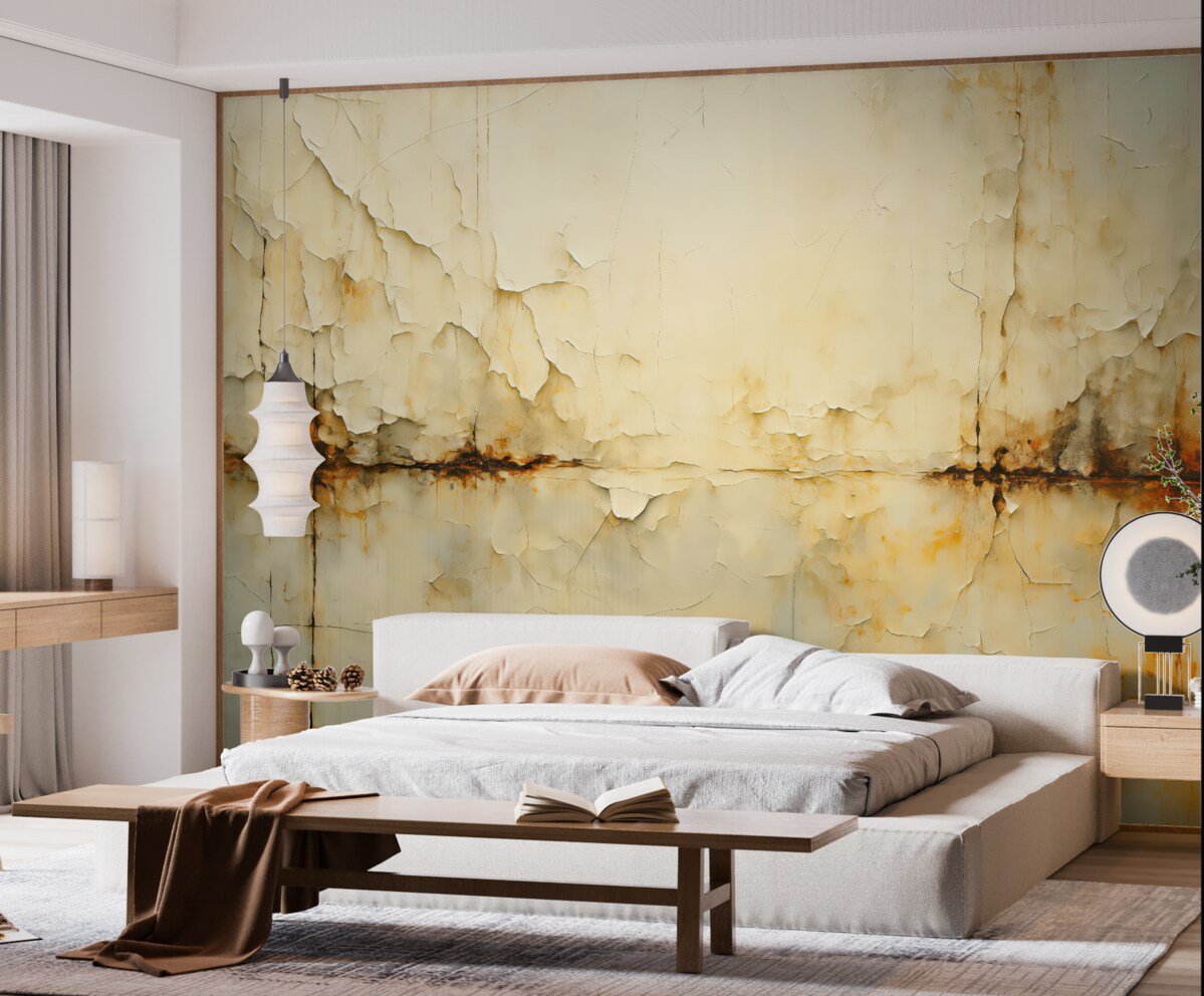 Fototapeta Zarysowania i pęknięcia w farbie na ścianie, odcień niebieskawy, beżowy.