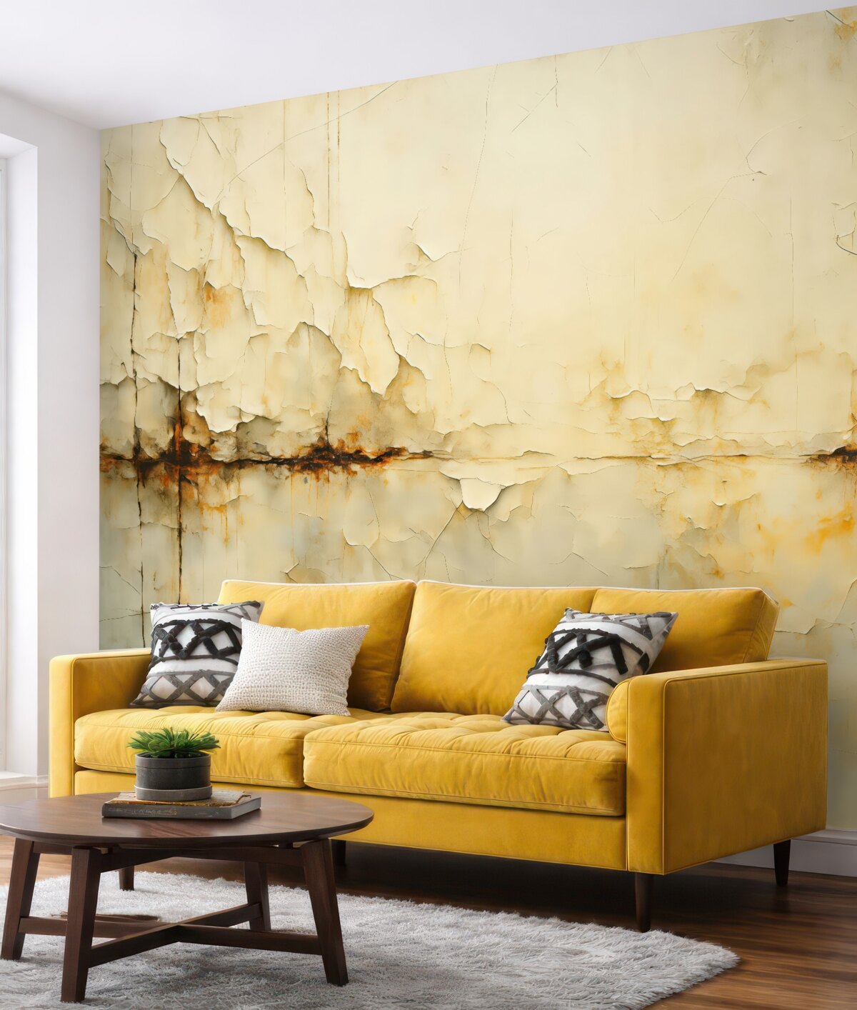 Fototapeta Zarysowania i pęknięcia w farbie na ścianie, odcień niebieskawy, beżowy.