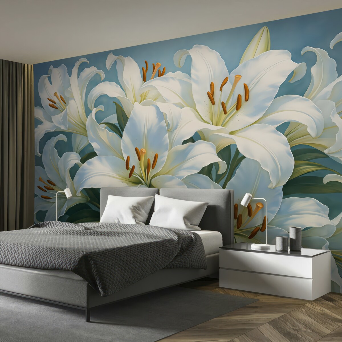 Fototapeta Białe kwitnące lilie na błękitnym tle.