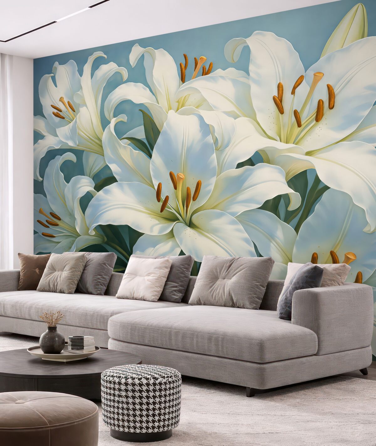 Fototapeta Białe kwitnące lilie na błękitnym tle.