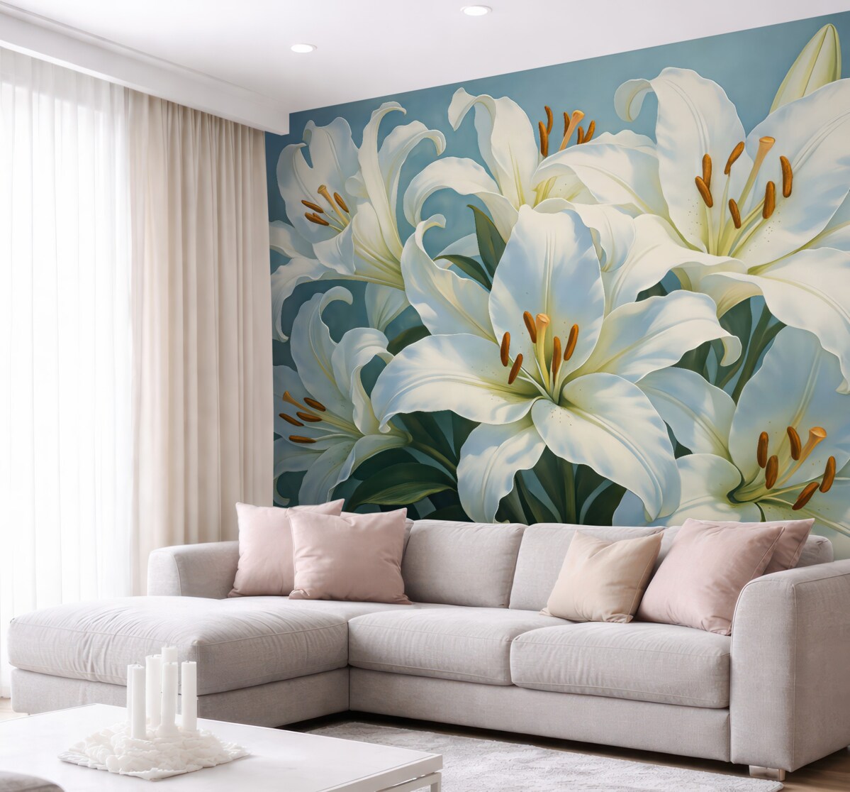 Fototapeta Białe kwitnące lilie na błękitnym tle.