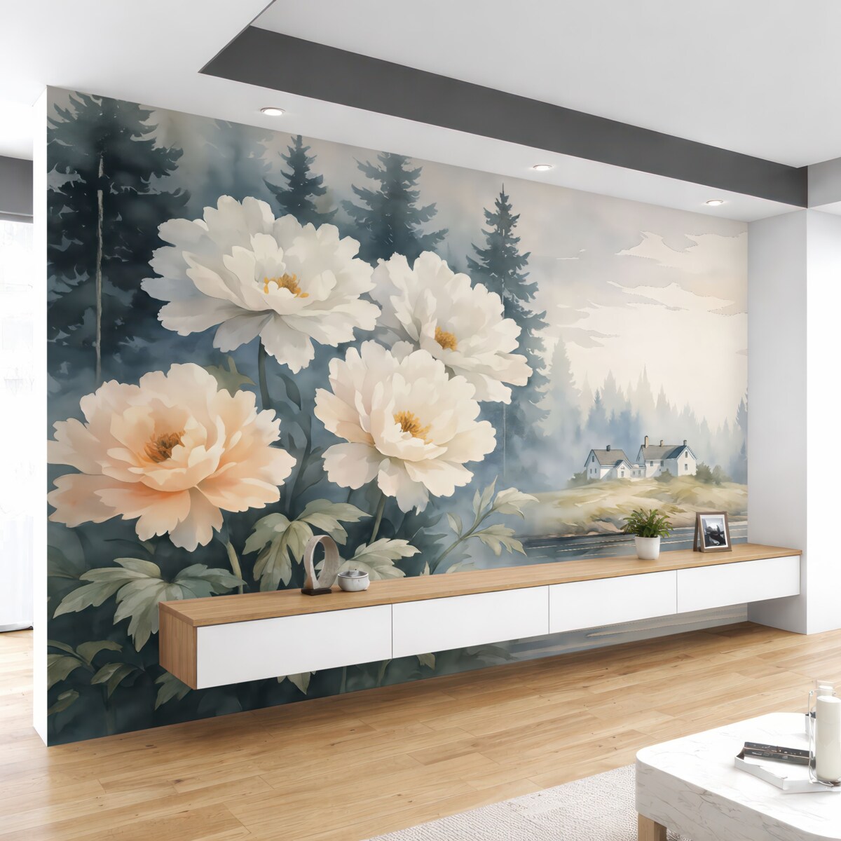 Fototapeta Wiejski pejzaż z domem i kwiatami w akwareli.