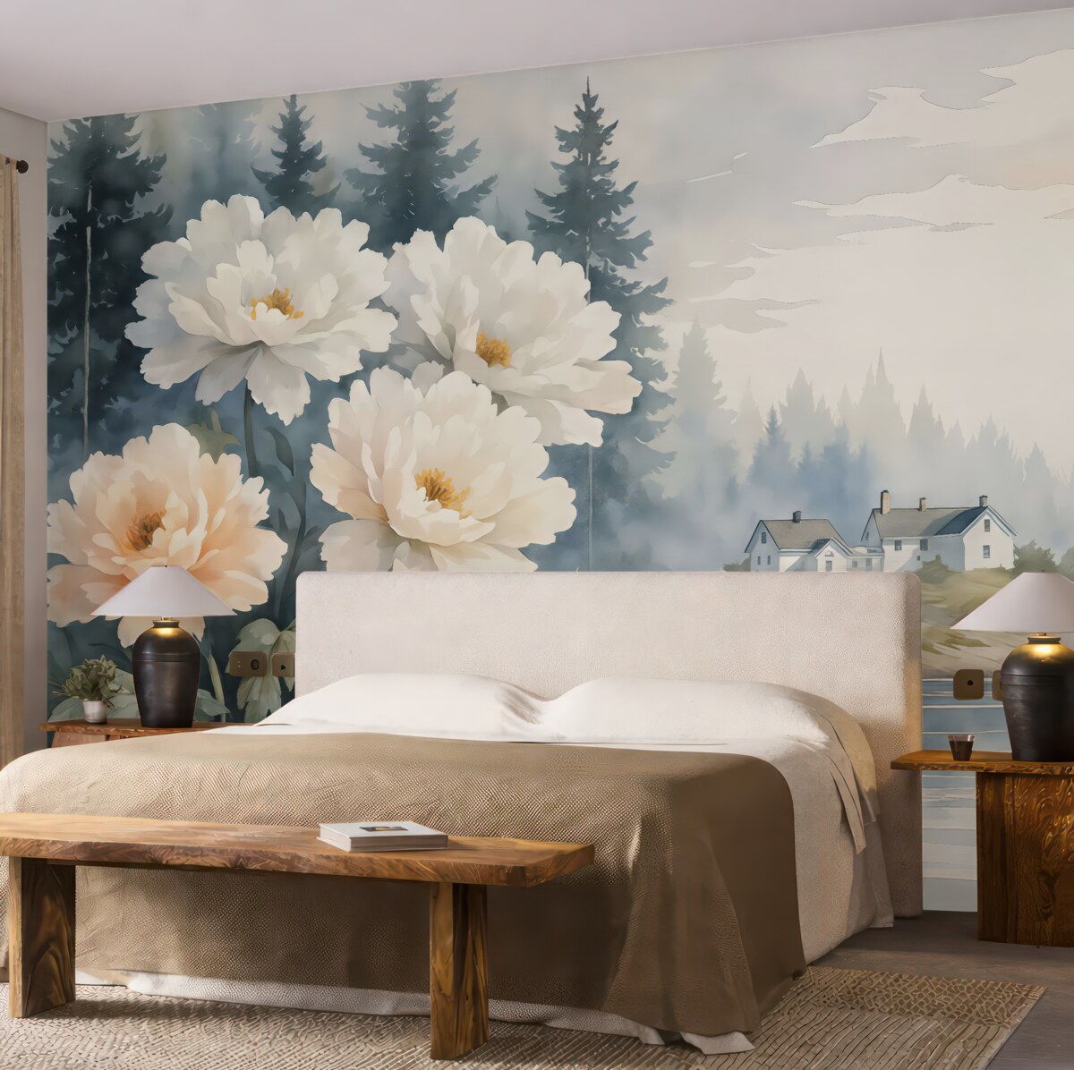 Fototapeta Wiejski pejzaż z domem i kwiatami w akwareli.