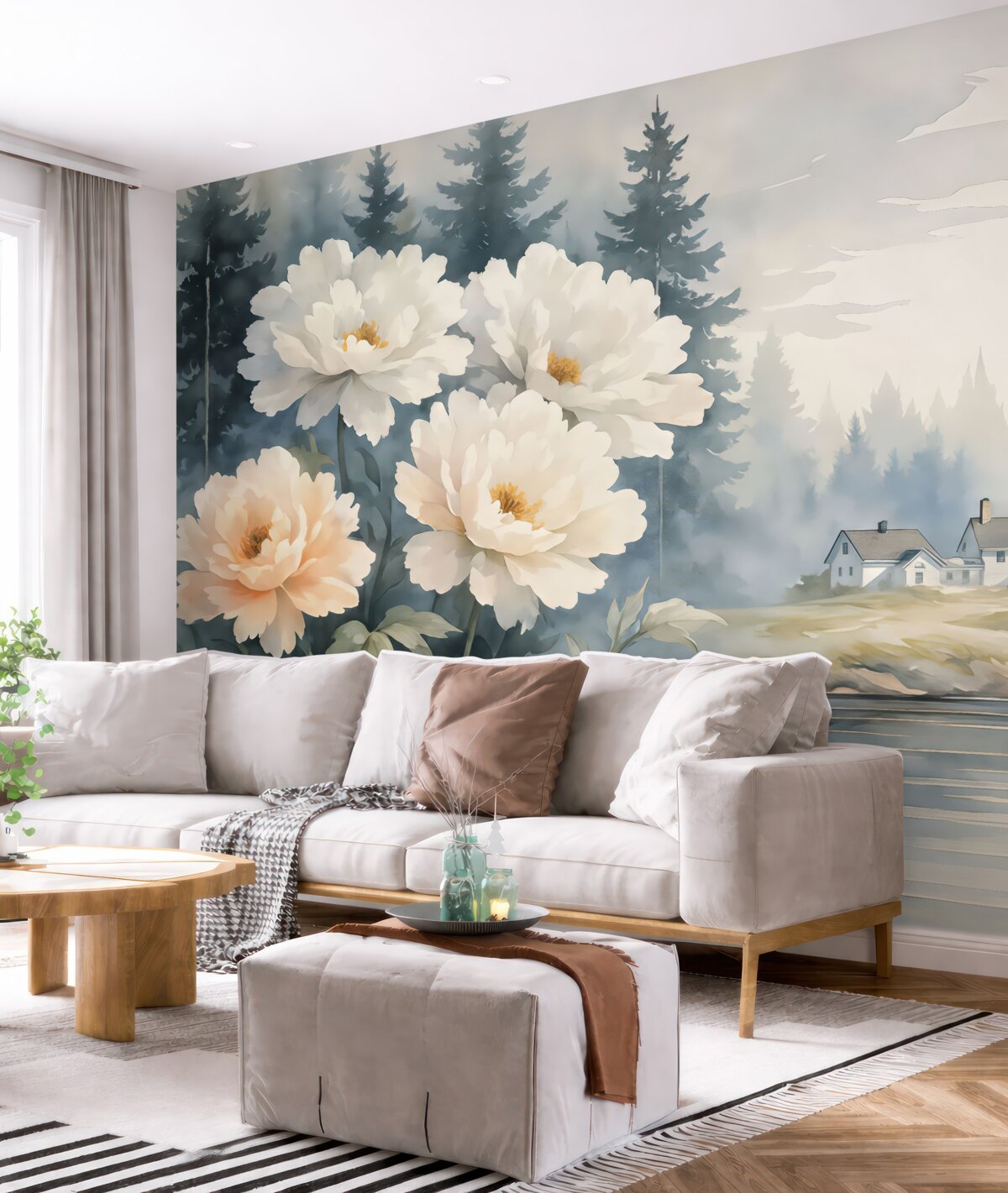 Fototapeta Wiejski pejzaż z domem i kwiatami w akwareli.