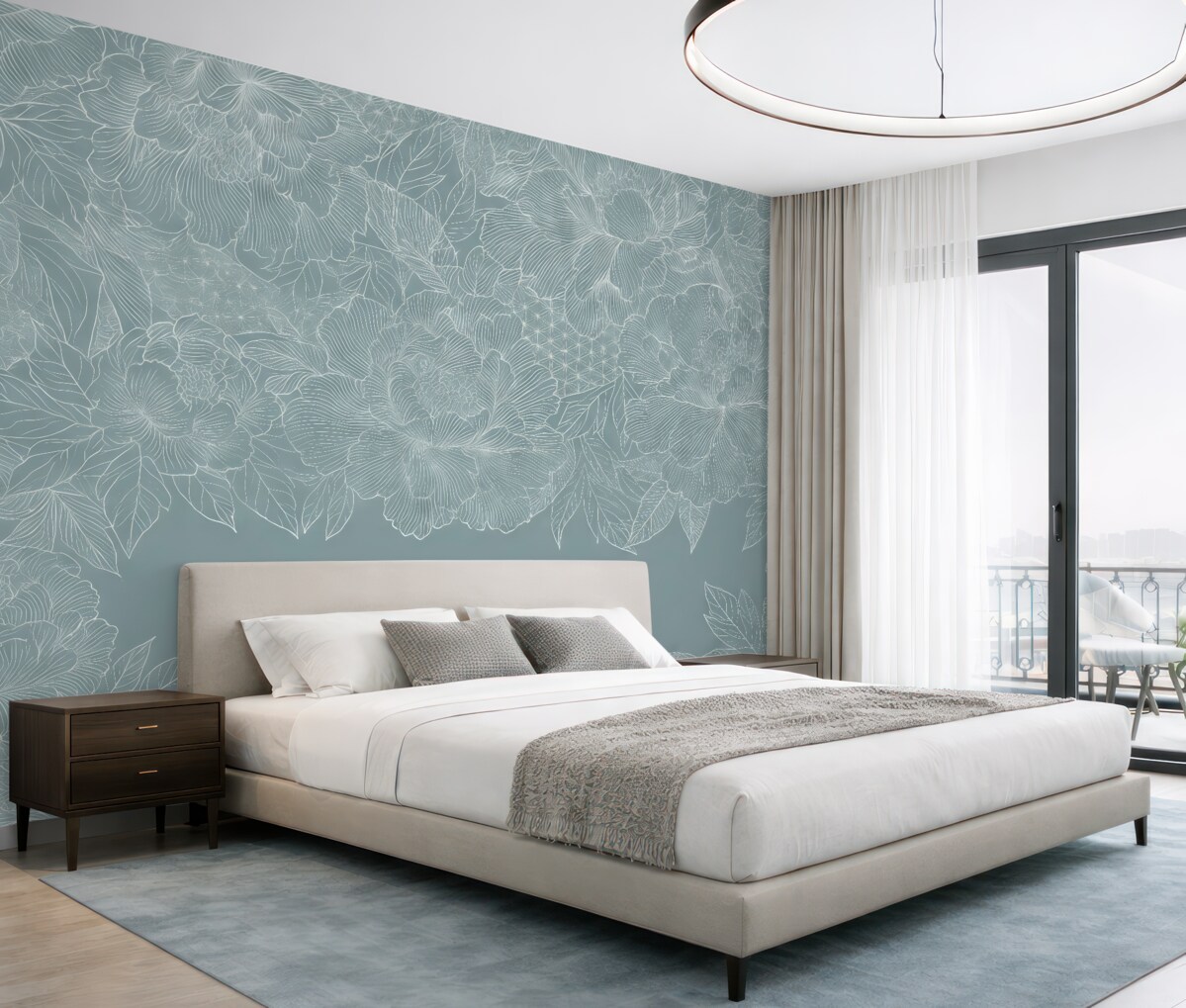 Fototapeta Liniowe kwiaty na szaro-zielonym tle.