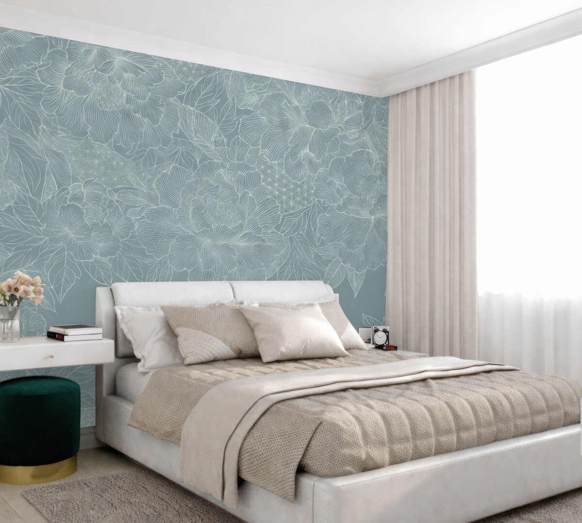 Fototapeta Liniowe kwiaty na szaro-zielonym tle.