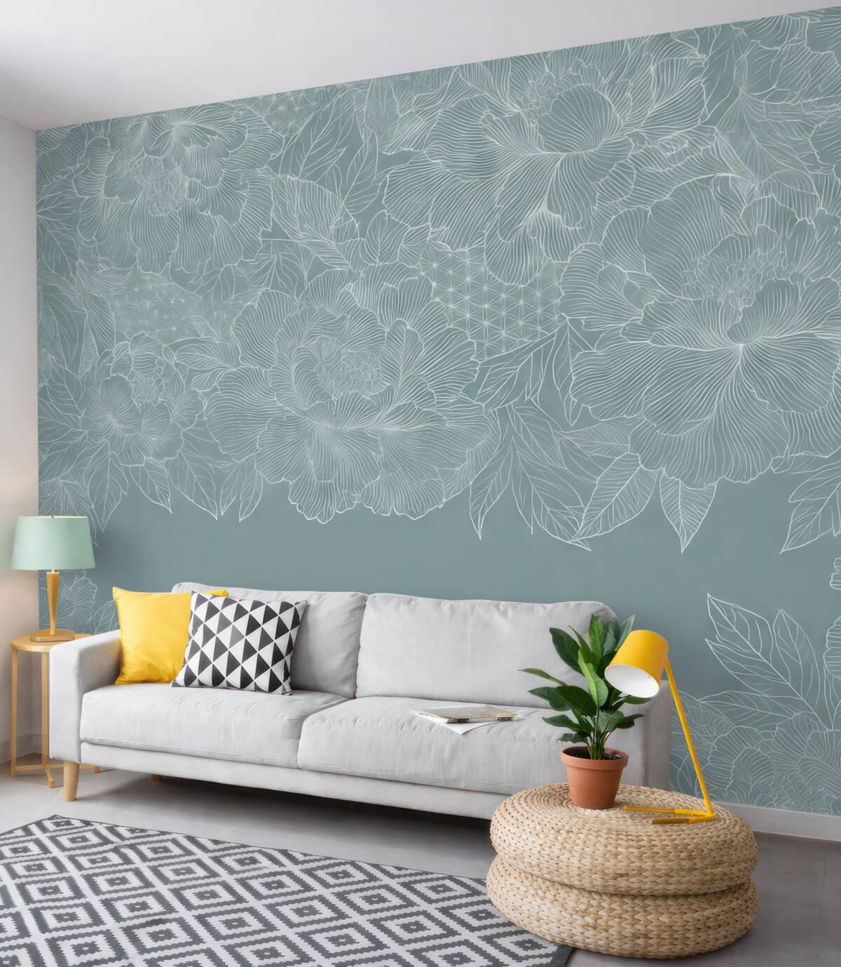 Fototapeta Liniowe kwiaty na szaro-zielonym tle.