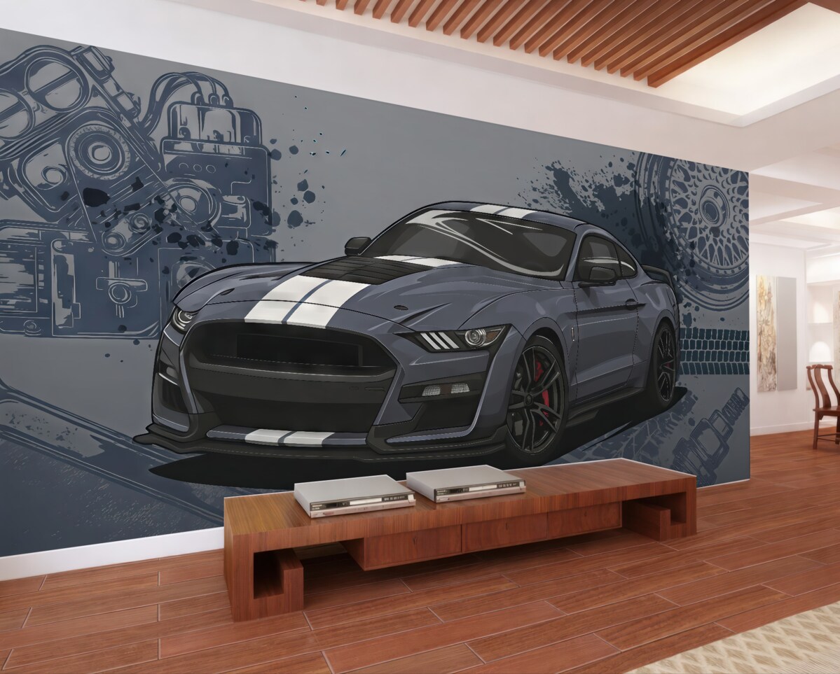 Fototapeta Tapeta dla młodzieży z autem i graficznym hasłem w odcieniu niebieskim.