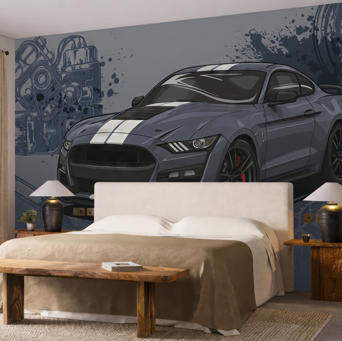 Fototapeta Tapeta dla młodzieży z autem i graficznym hasłem w odcieniu niebieskim.