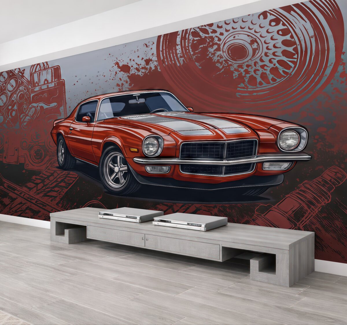 Fototapeta Czerwony pojazd i napisy w graffiti do pokoju młodzieżowego.