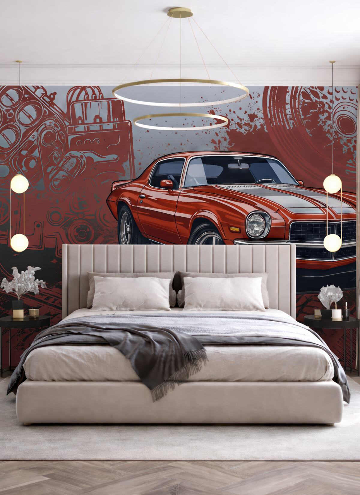 Fototapeta Czerwony pojazd i napisy w graffiti do pokoju młodzieżowego.