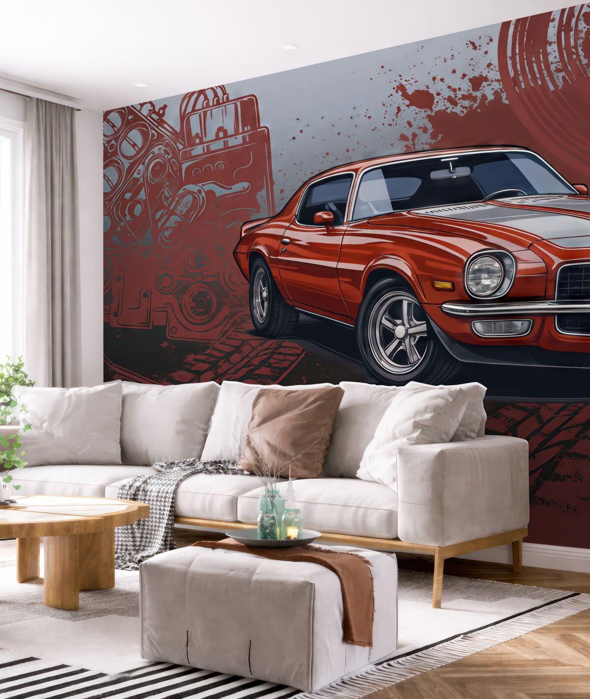 Fototapeta Czerwony pojazd i napisy w graffiti do pokoju młodzieżowego.