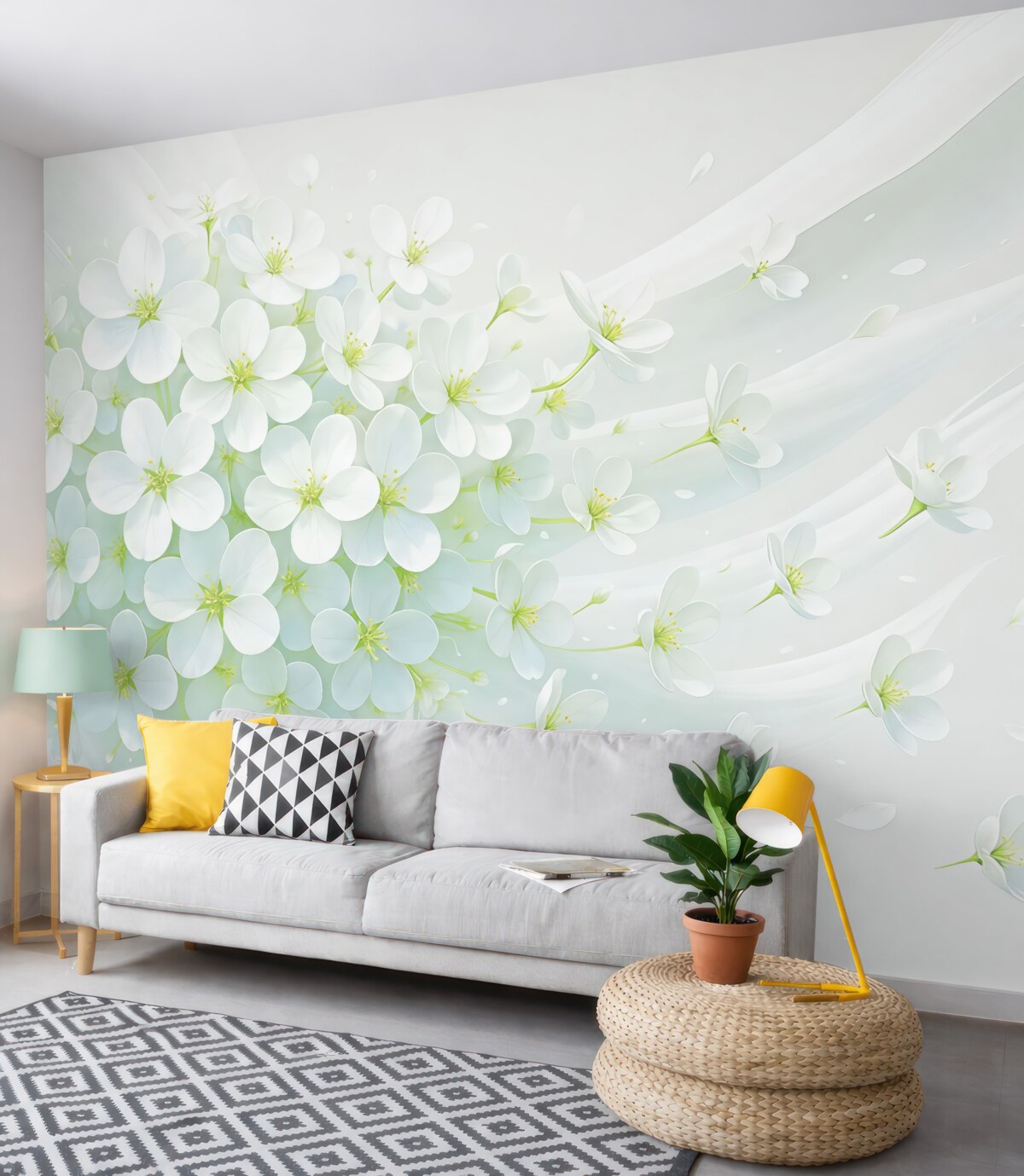 Fototapeta Rozrzucone kwitnące białe oraz zielone płatki kwiatowe na jasnym tle minimalistycznym.