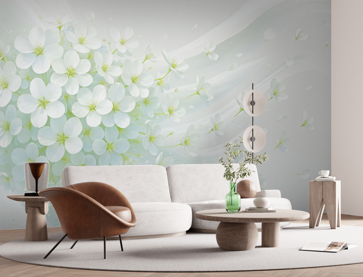 Fototapeta Rozrzucone kwitnące białe oraz zielone płatki kwiatowe na jasnym tle minimalistycznym.
