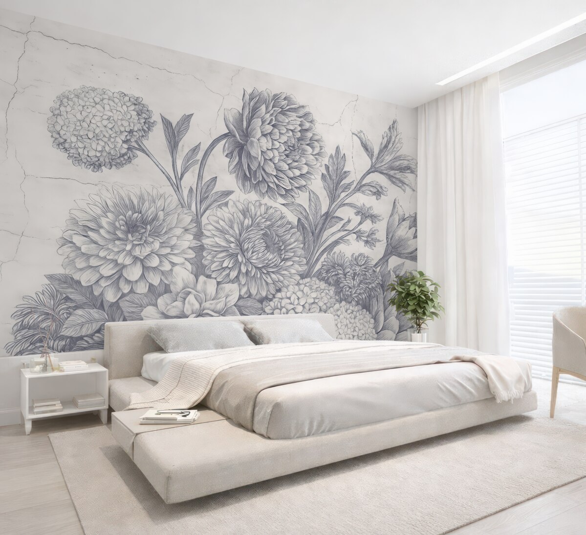 Fototapeta Ilustracja kwiatowa w odcieniu sepii, na której widoczny jest duży kwiat piwonii otoczony innymi kwitnącymi roślinami i liśćmi.