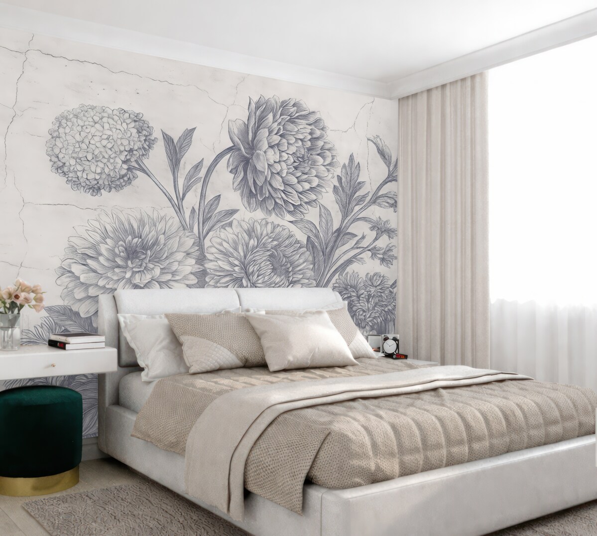 Fototapeta Ilustracja kwiatowa w odcieniu sepii, na której widoczny jest duży kwiat piwonii otoczony innymi kwitnącymi roślinami i liśćmi.