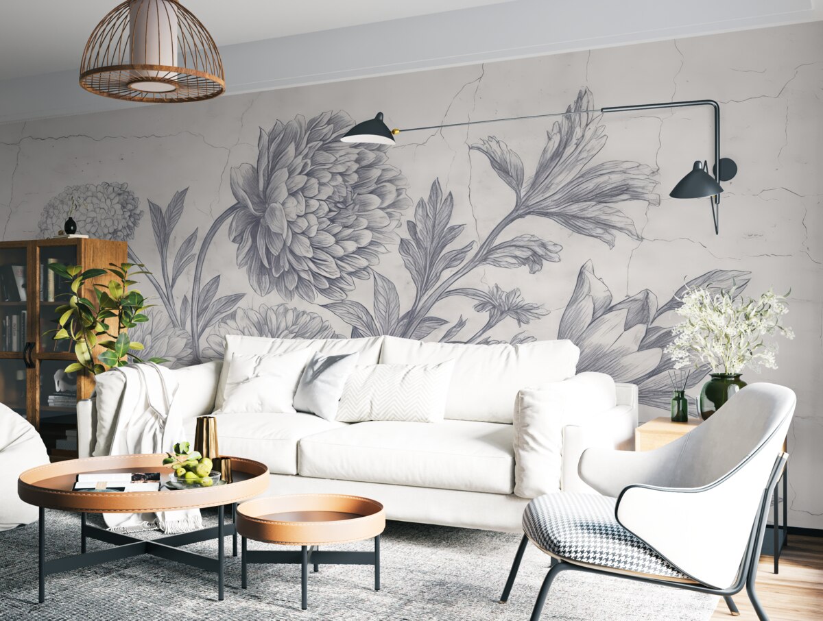 Fototapeta Ilustracja kwiatowa w odcieniu sepii, na której widoczny jest duży kwiat piwonii otoczony innymi kwitnącymi roślinami i liśćmi.