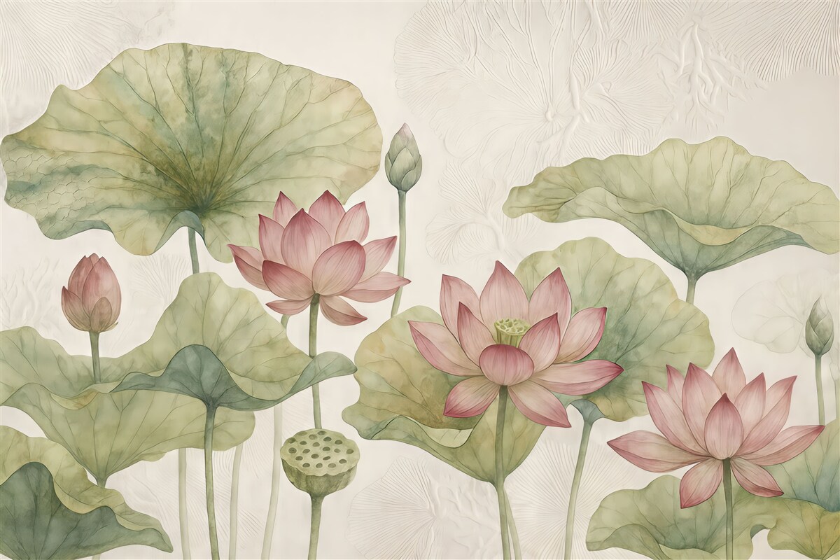 Fototapeta Różowe kwiaty lotosu z zielonymi liśćmi na jasnej teksturowanej powierzchni.