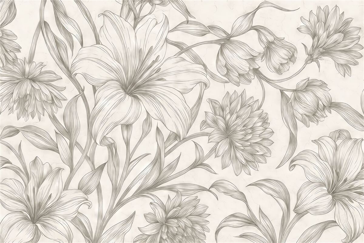 Fototapeta Czarno-biały rysunek ukazujący ilustracje dużych kwiatów.