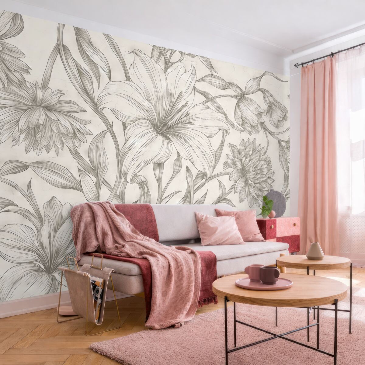 Fototapeta Czarno-biały rysunek ukazujący ilustracje dużych kwiatów.