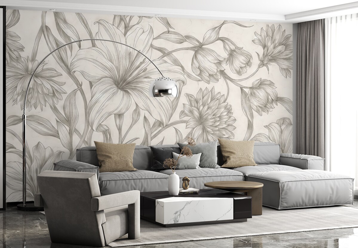 Fototapeta Czarno-biały rysunek ukazujący ilustracje dużych kwiatów.